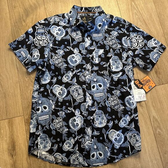 Other - Rugby Men's Short Sleeve Button Down‎ Blue Skull Shirt Medium NEW Halloween